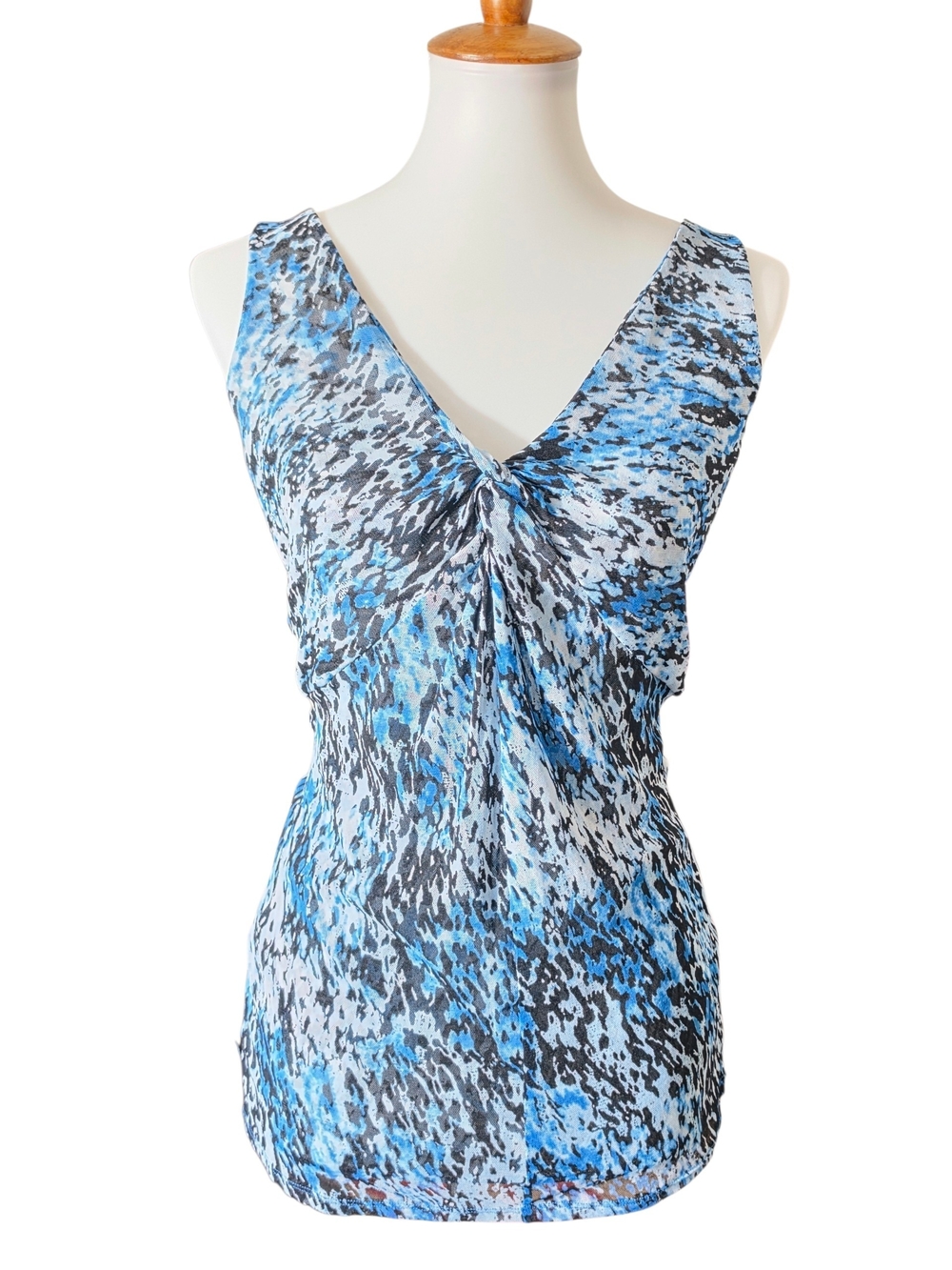 Express Blue and Black Patterned V-Neck Tank Top